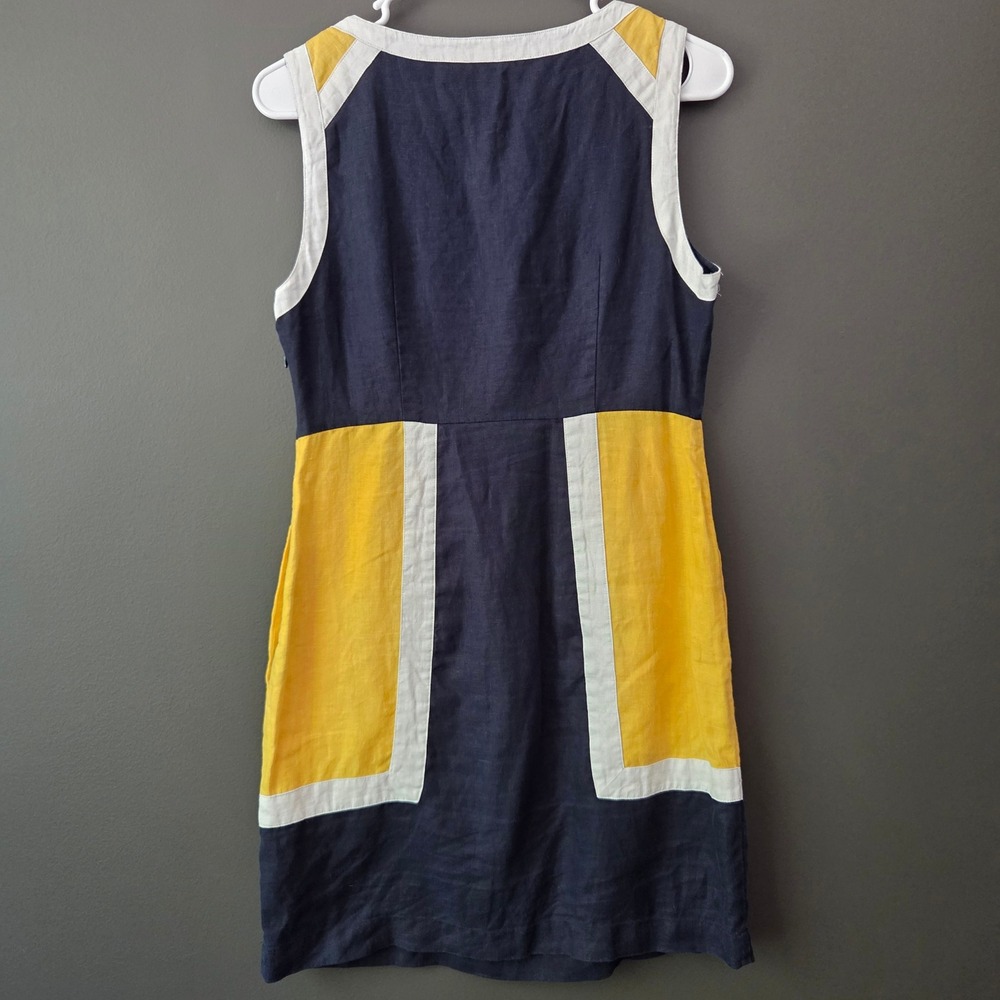 Boden Navy Blue Yellow Sleeveless Colorblock 100% Linen Shift Dress V-Neck 4P - Picture 6 of 8